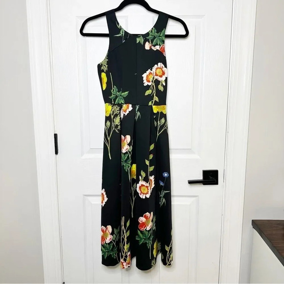 ASOS Sleeveless Black Floral Scuba Skater Dress Low Back Midi Dress UK6 US2 - Picture 1 of 8